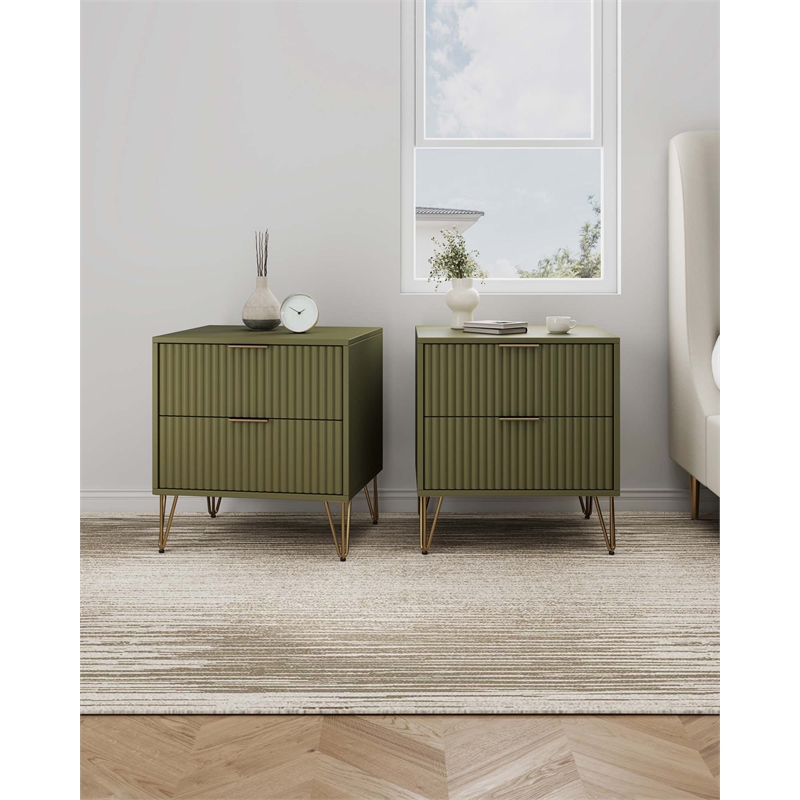 Pemberly Row Nightstand from Engineered Wood in Olive Green - Set of 2