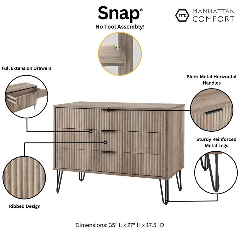 Pemberly Row Modern Engineered Wood Dresser with 3-Drawers in Gray