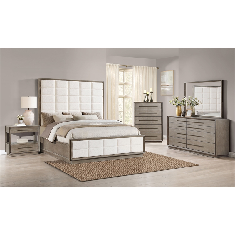Pemberly Row Contemporary Wood Eastern King Panel Bed Taupe Oak and Cream