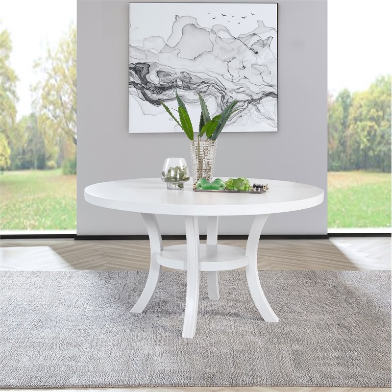 Pemberly Row Round Modern Wood Dining Table with Shelf in Pearl White