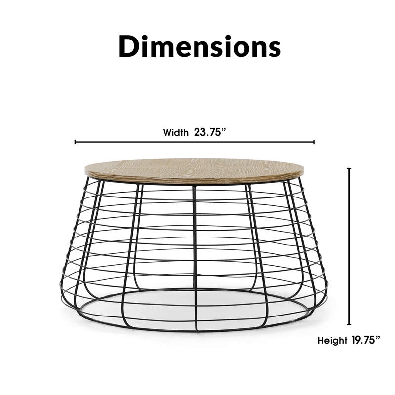 Pemberly Row Modern Metal and Wood Top Round Coffee Table in Black