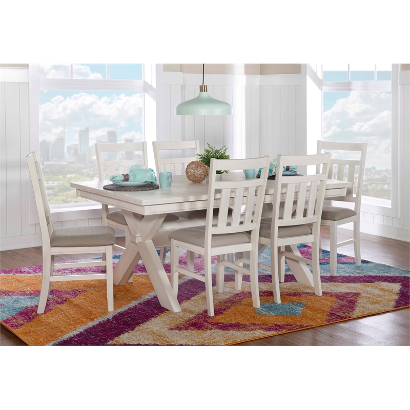 Pemberly Row 7 Piece Wood Dining Set X-Frame Padded Seats in Distressed White