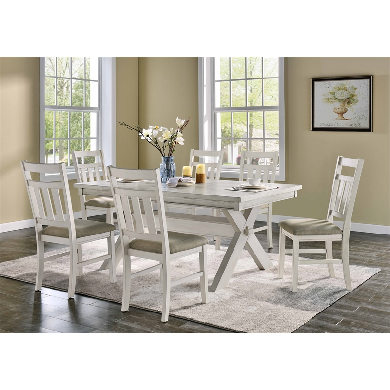 Pemberly Row 7 Piece Wood Dining Set X-Frame Padded Seats in Distressed White