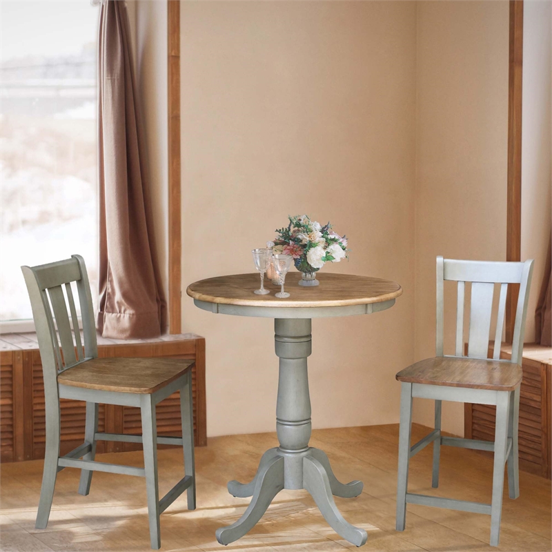 Pemberly Row Wood Distressed Hickory/Stone Counter Height Table With 2 Stools