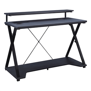 Pemberly Row Black and Carbon Gaming Desk with RGB LED Lights