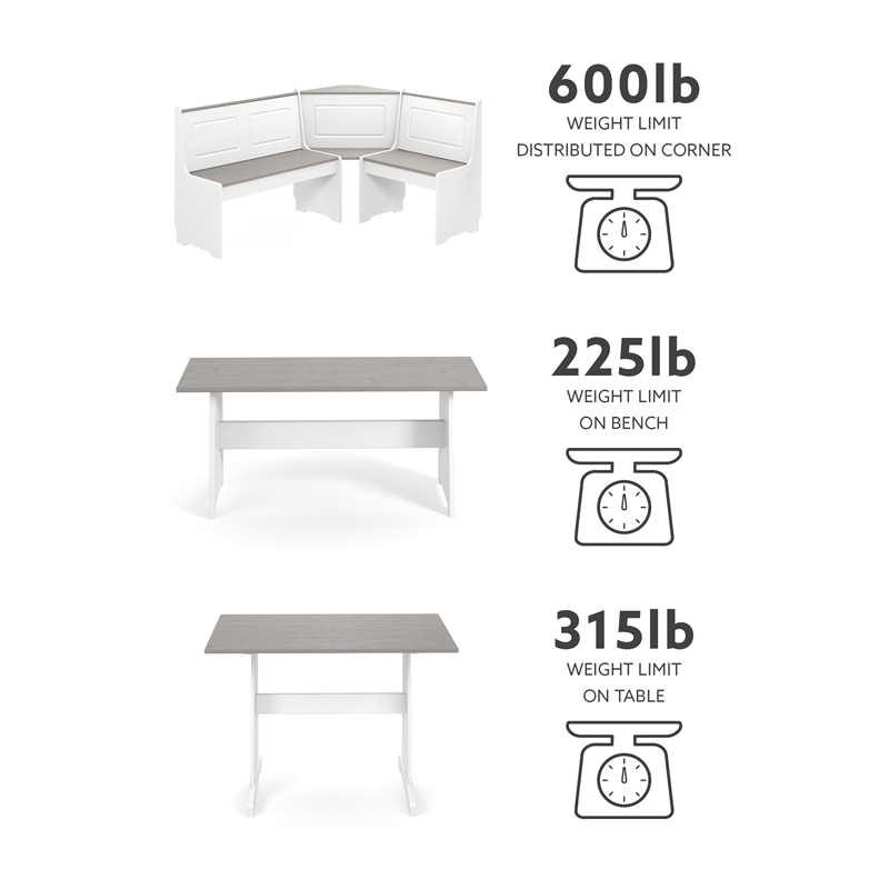 Pemberley Row Pine Wood White and Gray Dining Set Corner Nook Storage Seats 5 Unassembled