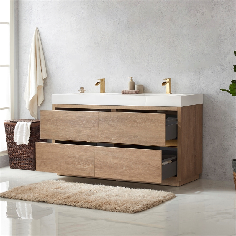 Pemberly Row Double Sink Bathroom Vanity Natural Oak Wood White Top No Mirror