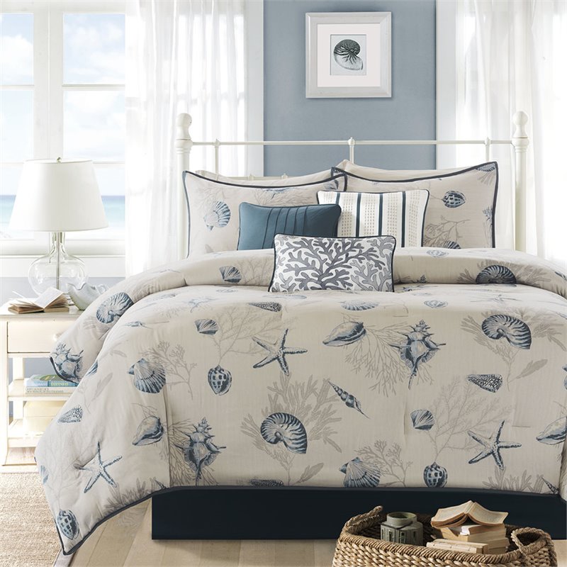 Pemberly Row 7-Piece 100 Percent Cotton Printed Comforter Set in Blue