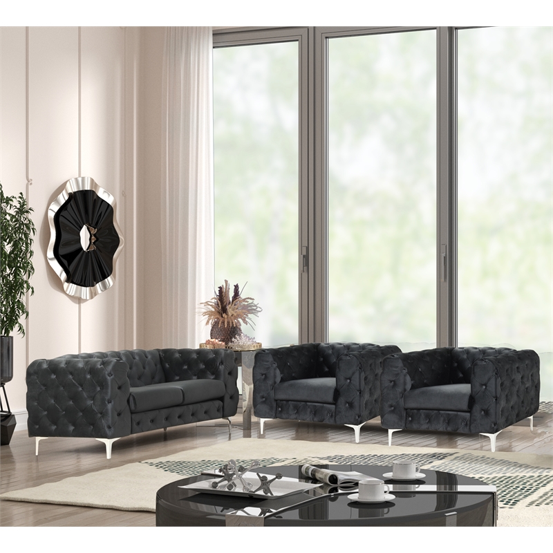 Pemberly Row 3-Piece Couches Velvet Fabric Living room furniture Set - Black