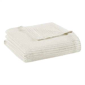 Pemberly Row Waffle Weave 90x90&quot Contemporary Cotton Blanket in Ivory Finish