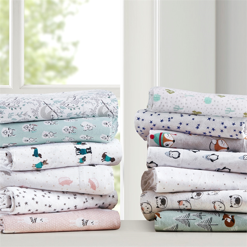 Pemberly Row Modern Cotton Flannel Printed Sheet Set in Gray/White