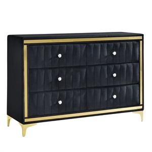 Pemberley Row Velvet Black 6 Drawer Dresser Double Gold Legs 47&quot Assembled