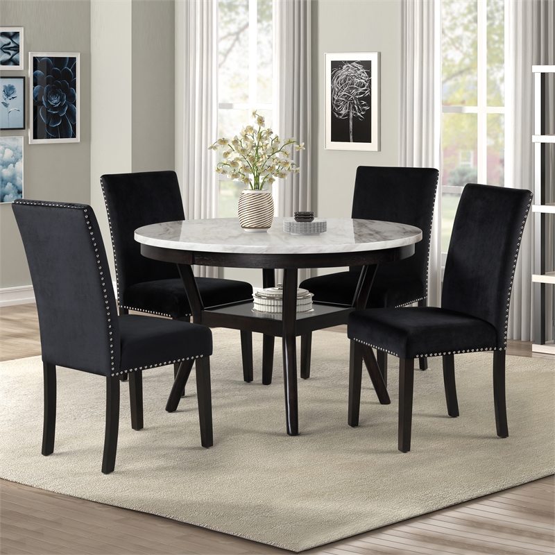 Pemberly Row 5-Pc Faux Marble/Wood Dining Set with 4 Chair-Black