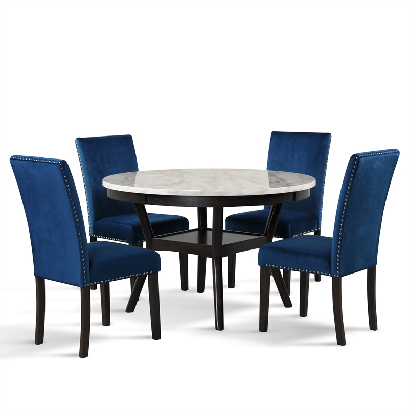 Pemberly Row 5-Pc Faux Marble/Wood Dining Set with 4 Chair-Blue