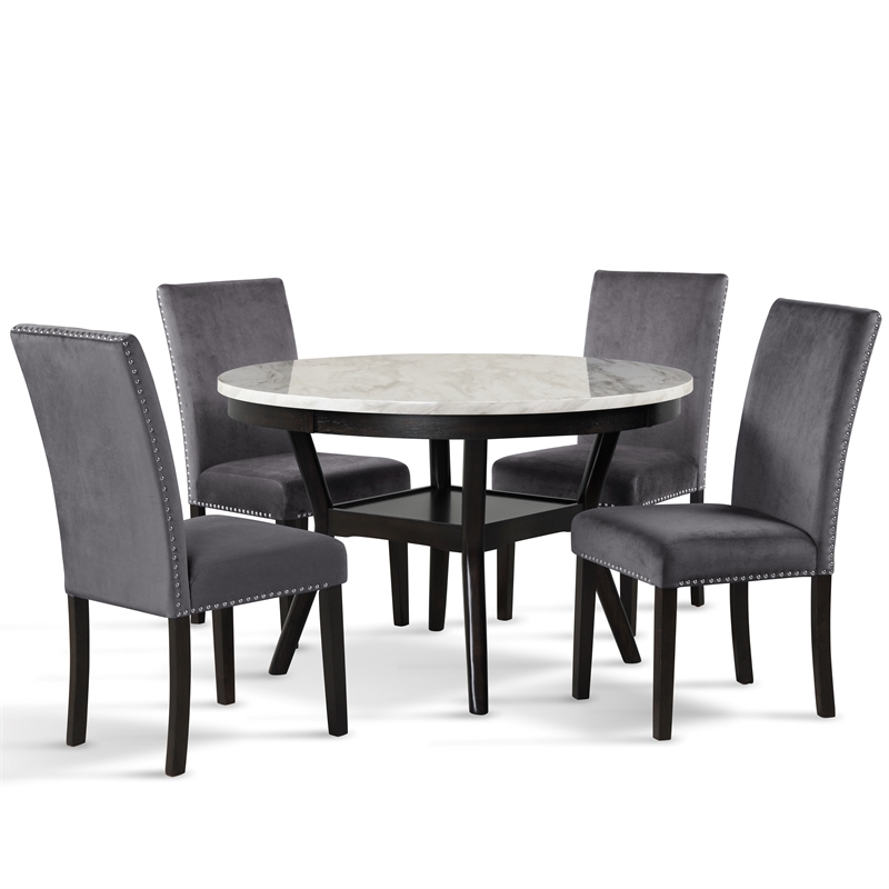Pemberly Row 5-Pc Faux Marble/Wood Dining Set with 4 Chair-Gray