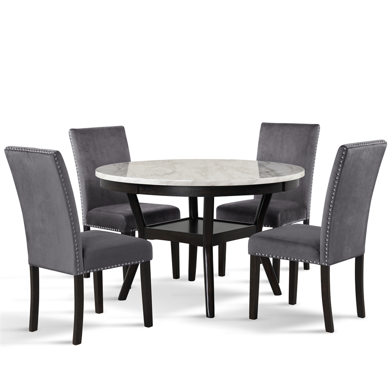 Pemberly Row 5-Pc Faux Marble/Wood Dining Set with 4 Chair-Gray