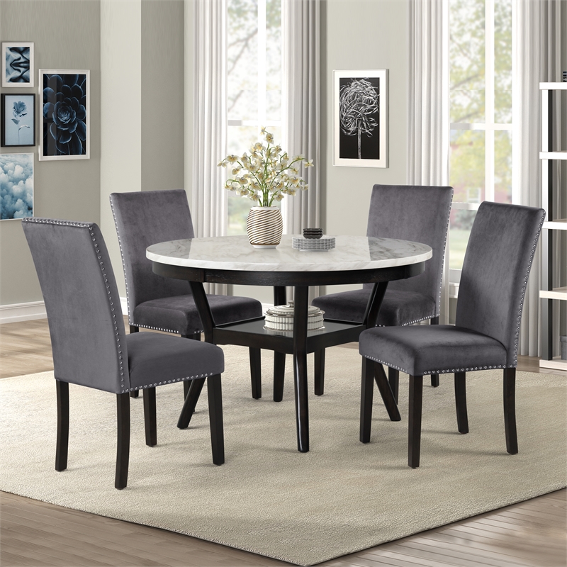 Pemberly Row 5-Pc Faux Marble/Wood Dining Set with 4 Chair-Gray
