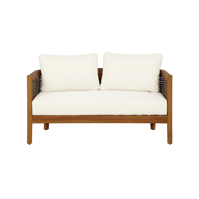 Pemberly Row Loveseat Table & 2 Chair Set Beige Cushions - Brown