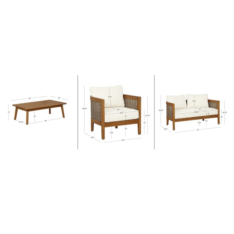 Pemberly Row Loveseat Table & 2 Chair Set Beige Cushions - Brown