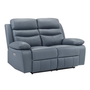 Pemberly Row Leather Power Double Reclining Love Seat in Blue