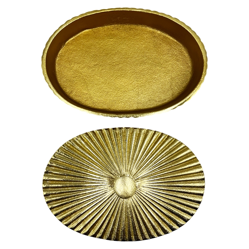 Pemberly Row 10 Inch Wide Decorative Handmade Aluminum Oval Bowl with Cap - Gold