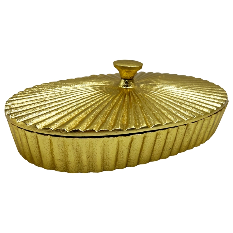 Pemberly Row 10 Inch Wide Decorative Handmade Aluminum Oval Bowl with Cap - Gold
