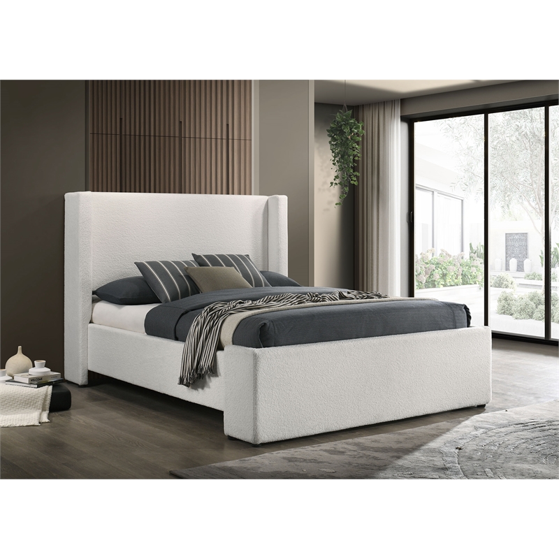 Pemberly Row Boucle Fabric Upholstered Queen Wingback Bed White