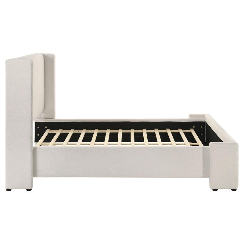 Pemberly Row Boucle Fabric Upholstered Queen Wingback Bed White