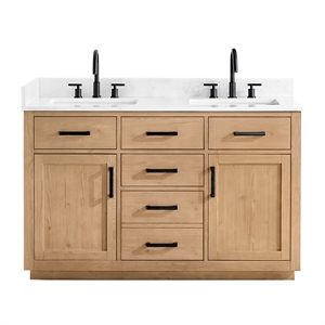 Pemberly Row 54&quot Wood Vanity in Light Brown White Engineered Stone Top no Mirror