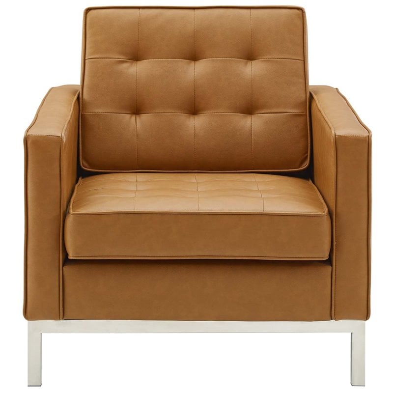 Pemberly Row Tufted Vegan Leather Stainless Steel Armchair in Silver/Tan