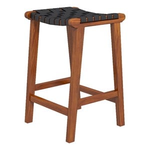 Pemberly Row Mid-Century Modern Saddle Genuine Leather Counter Stool in Black