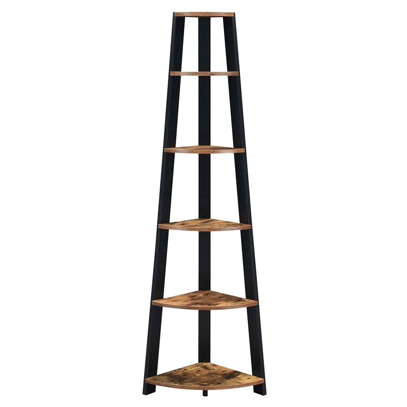 Pemberly Row Five-Tier Corner Bookshelf - Nutmeg Wood Finish w/ Black Wood Frame