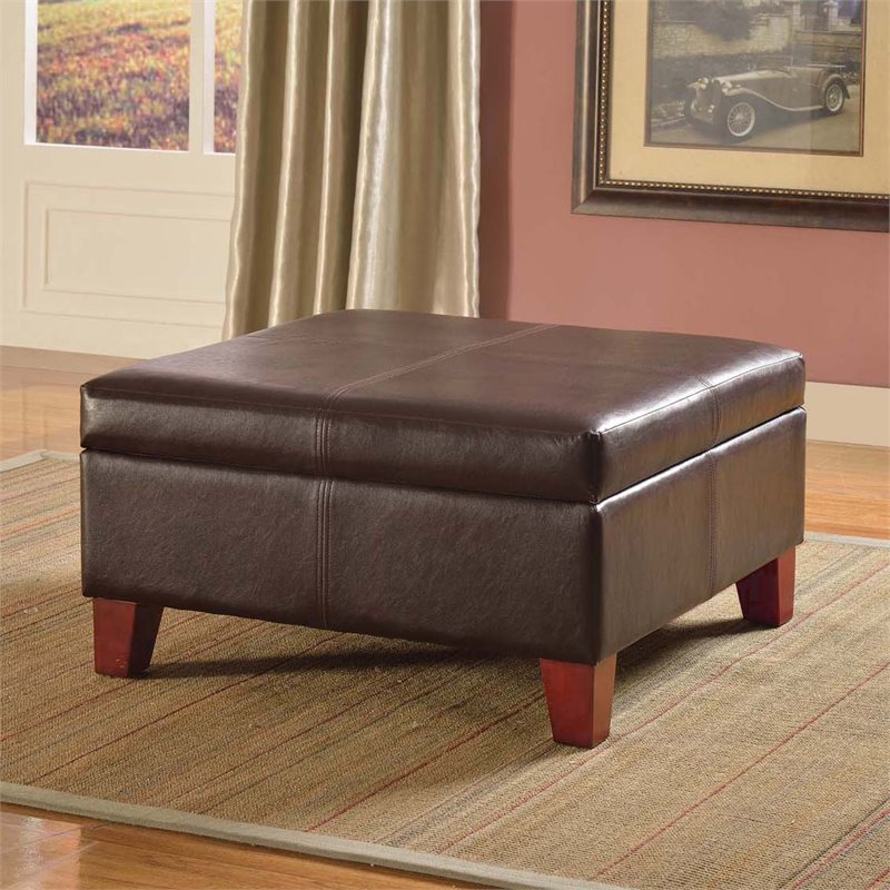 Pemberly Row Transitional Faux Leather Storage Ottoman in Brown Finish