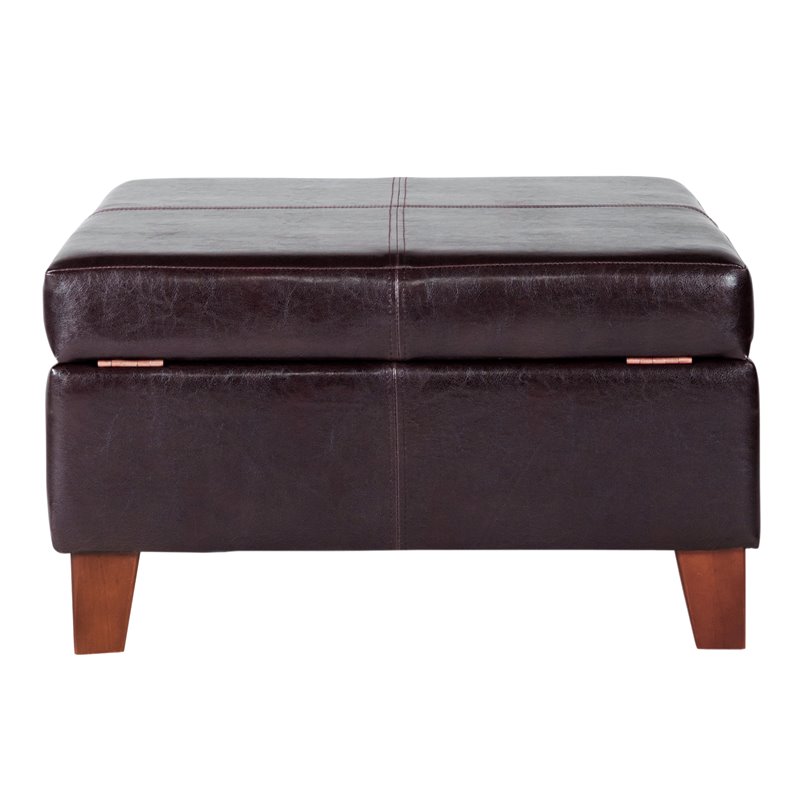 Pemberly Row Transitional Faux Leather Storage Ottoman in Brown Finish