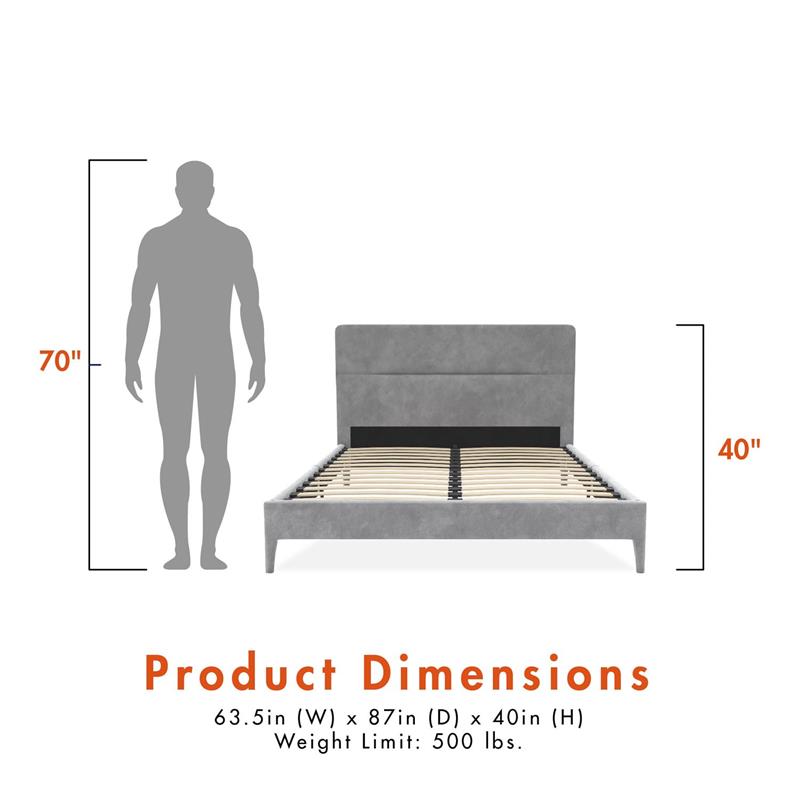 Pemberly Row Upholstered Platform Bed Queen in Light Gray Velvet