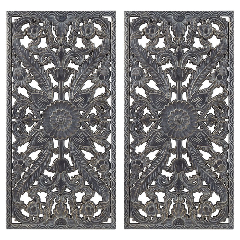Pemberly Row MDF Botanical Panel Carved Wall Panel in Blue (Set of 2)