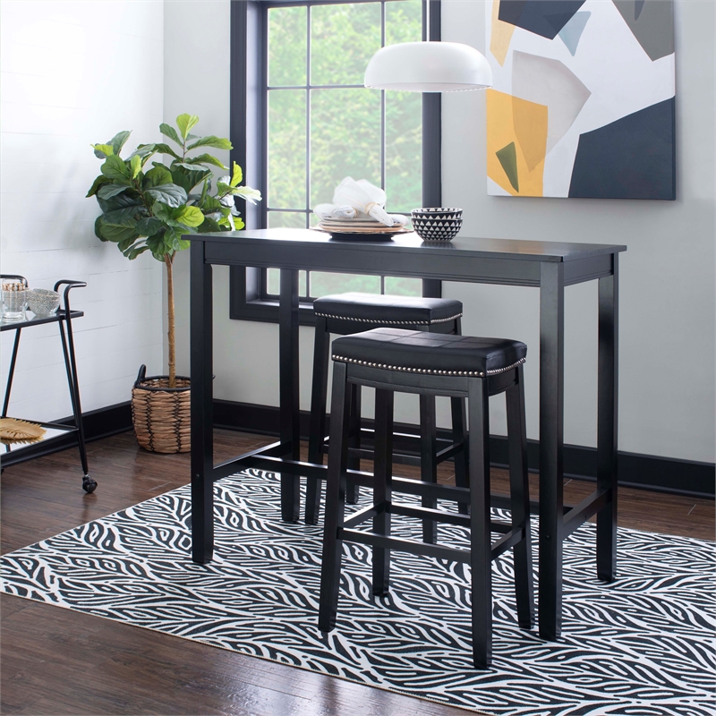 Pemberly Row Three Piece Bar Dining Set Faux Leather Seats in Black Wood