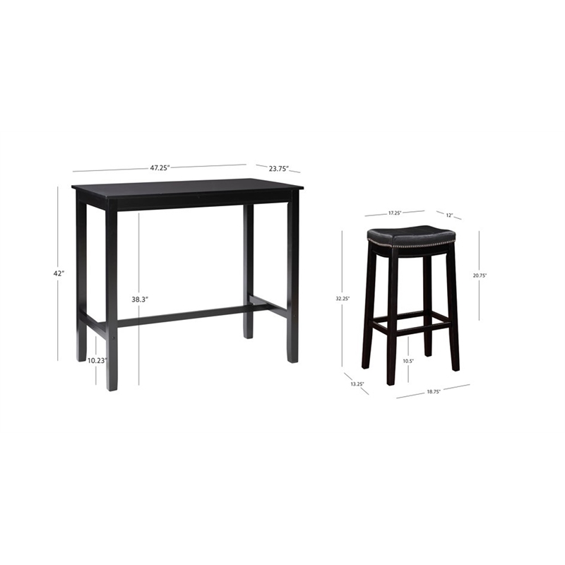 Pemberly Row Three Piece Bar Dining Set Faux Leather Seats in Black Wood