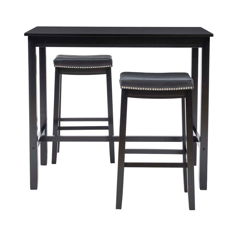 Pemberly Row Three Piece Bar Dining Set Faux Leather Seats in Black Wood