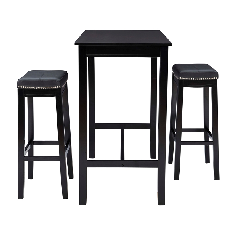 Pemberly Row Three Piece Bar Dining Set Faux Leather Seats in Black Wood
