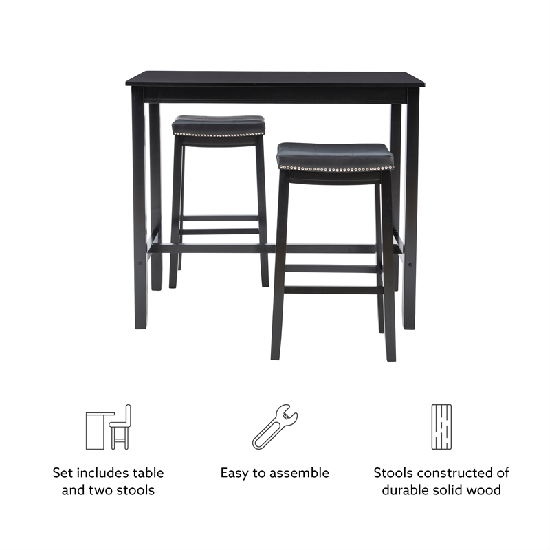 Pemberly Row Three Piece Bar Dining Set Faux Leather Seats in Black Wood
