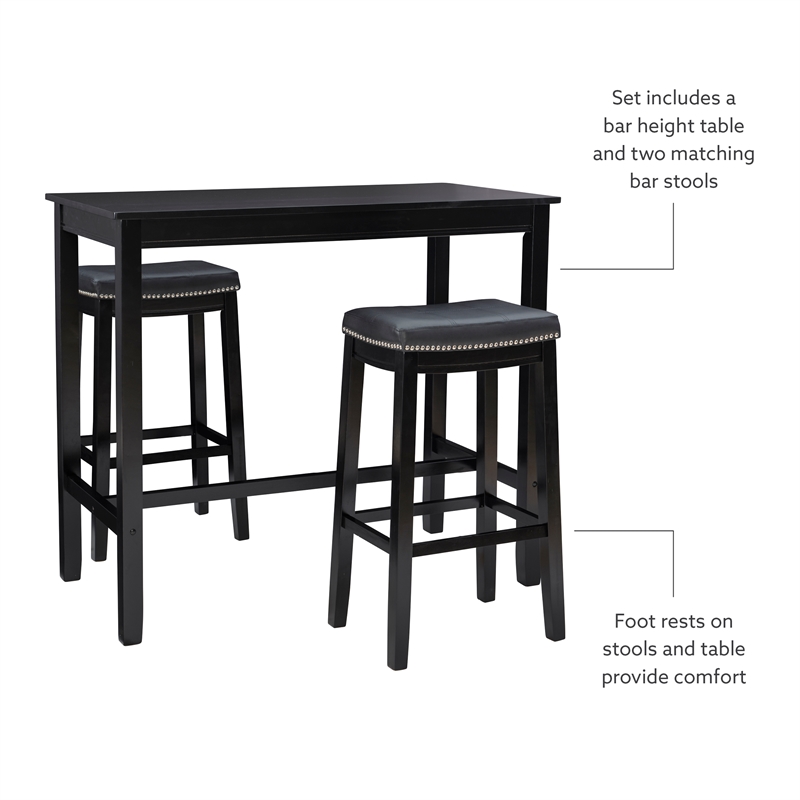 Pemberly Row Three Piece Bar Dining Set Faux Leather Seats in Black Wood