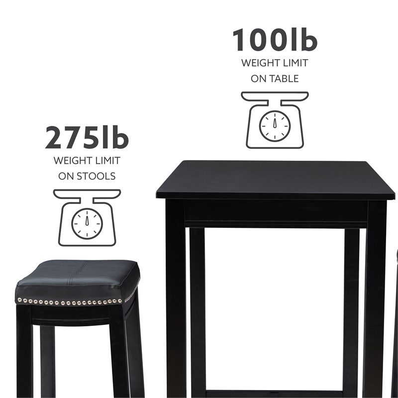Pemberly Row Three Piece Bar Dining Set Faux Leather Seats in Black Wood