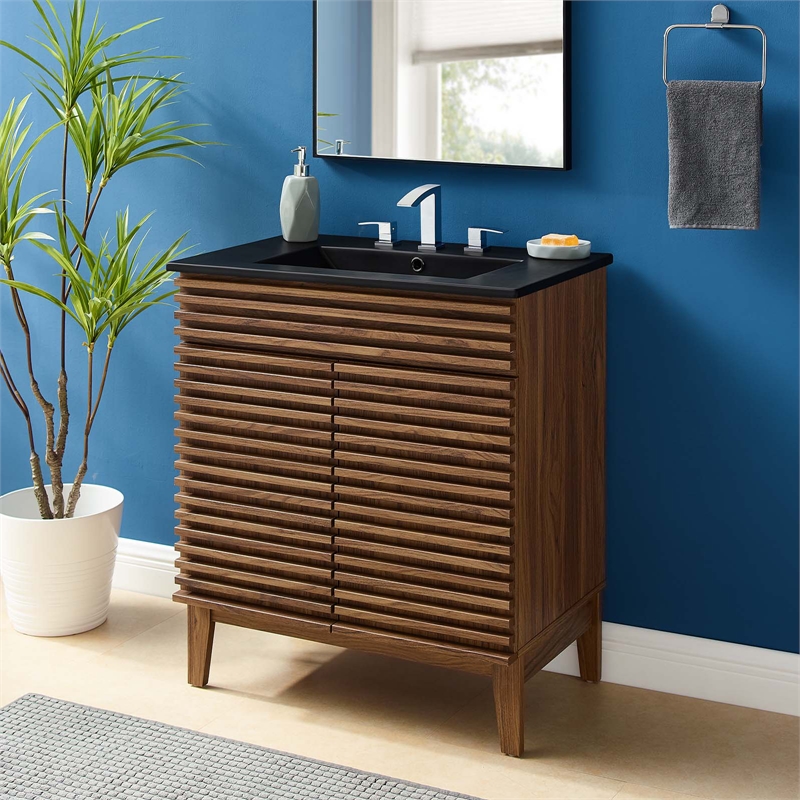 Pemberley Row Wood and Ceramic Walnut and Black Bathroom Vanity Rectangular Adjustable Shelf 30