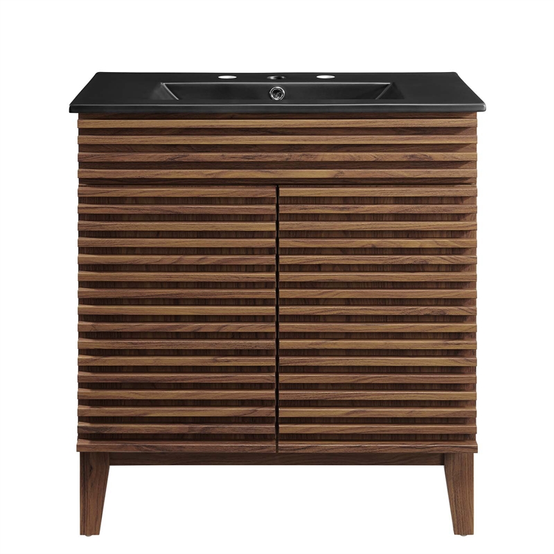 Pemberley Row Wood and Ceramic Walnut and Black Bathroom Vanity Rectangular Adjustable Shelf 30