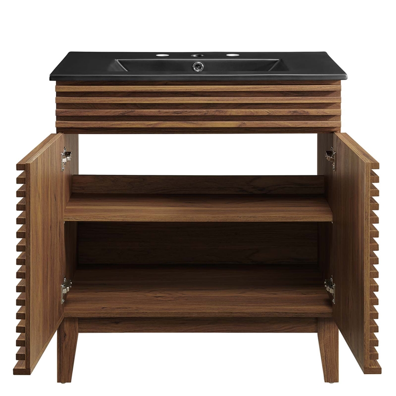 Pemberley Row Wood and Ceramic Walnut and Black Bathroom Vanity Rectangular Adjustable Shelf 30