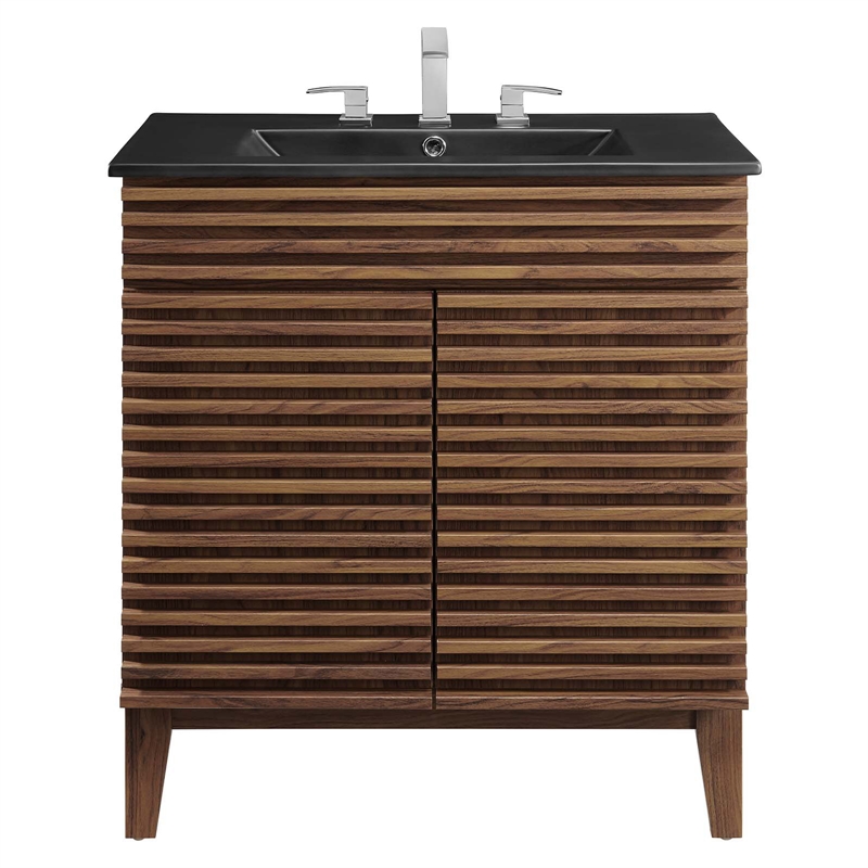 Pemberley Row Wood and Ceramic Walnut and Black Bathroom Vanity Rectangular Adjustable Shelf 30