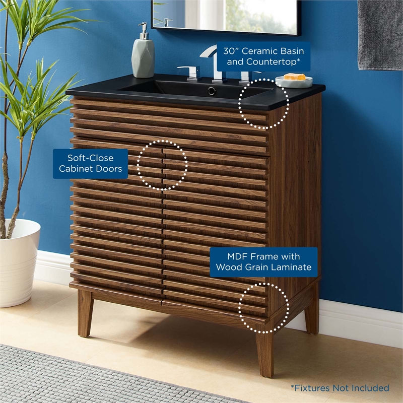 Pemberley Row Wood and Ceramic Walnut and Black Bathroom Vanity Rectangular Adjustable Shelf 30