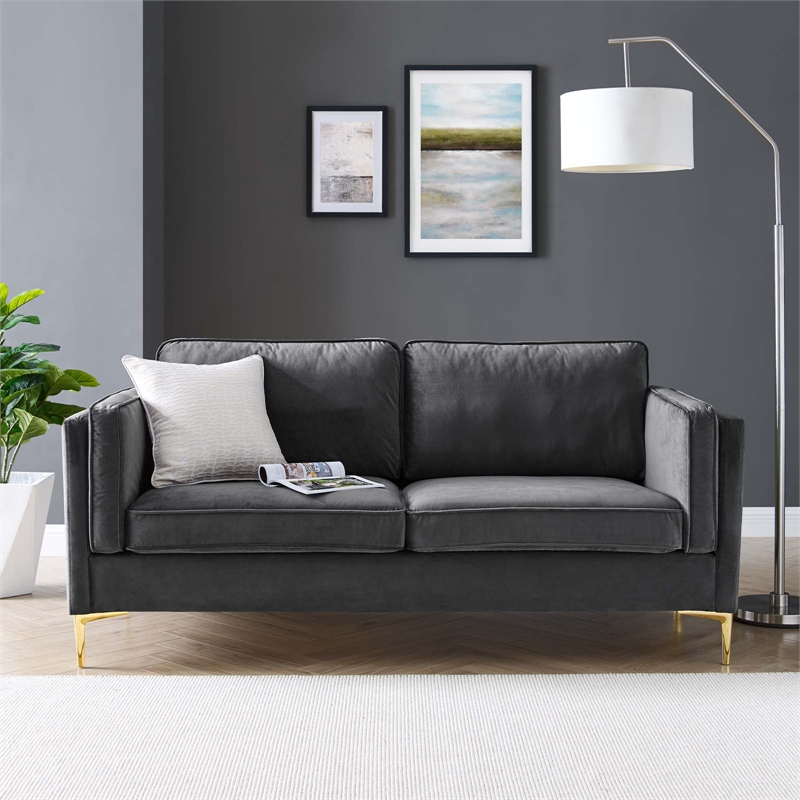 Pemberly Row Performance Velvet Sofa with Metal Leg in Charcoal