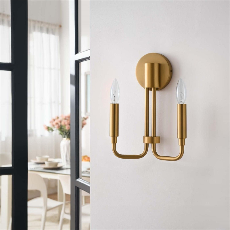 Pemberly Row Modern 2-Light Iron Metal Wall Sconce in Satin Brass